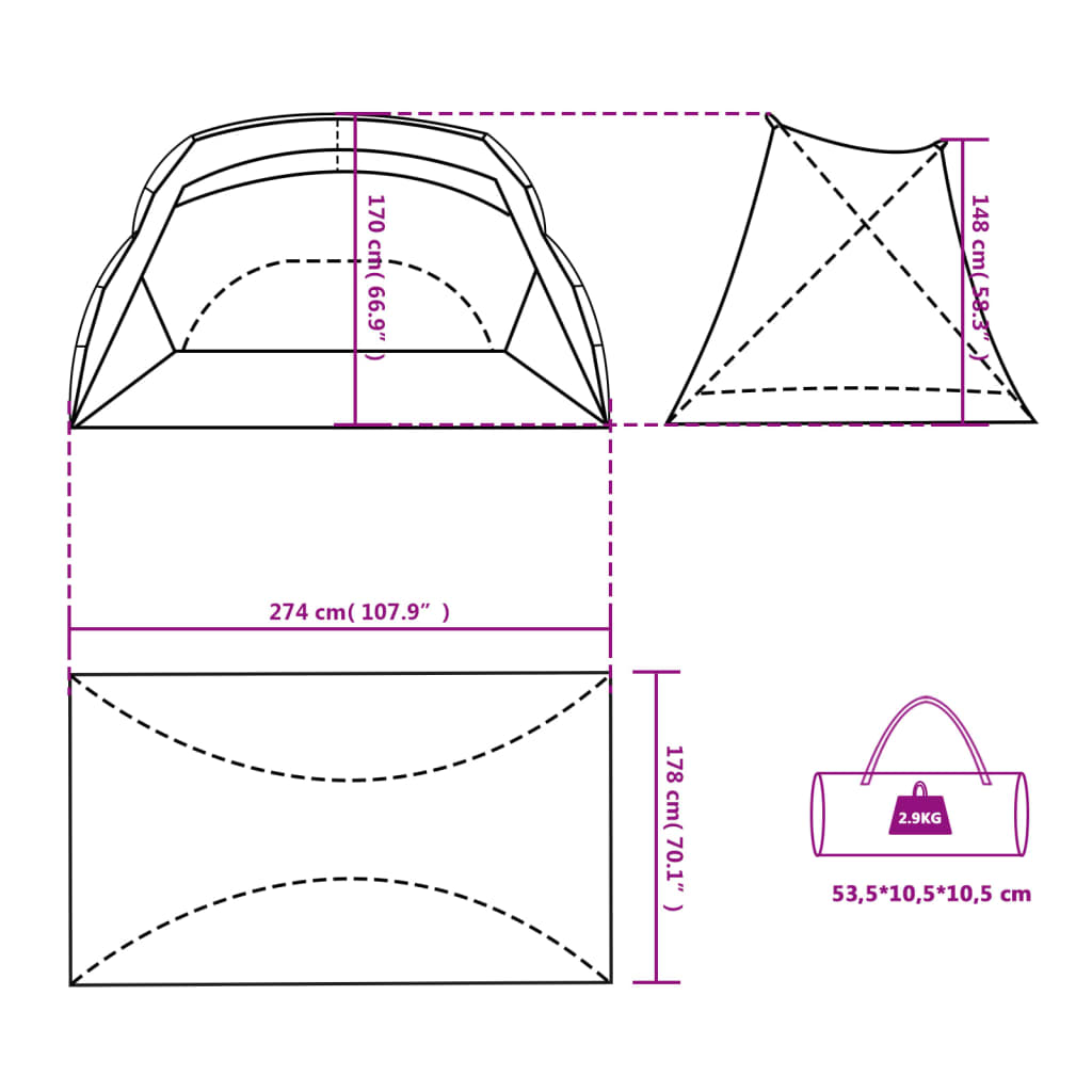 Strandzelt Grau 274X178X170/148 Cm 185T Taft