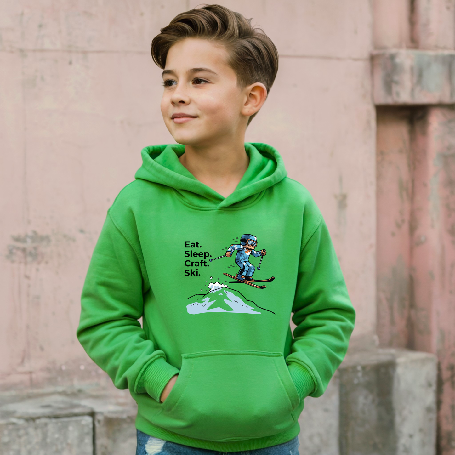 Ski Hoodie Kinder | Eat. Sleep. Craft. Repeat. | Gamer Pullover Pixel Art
