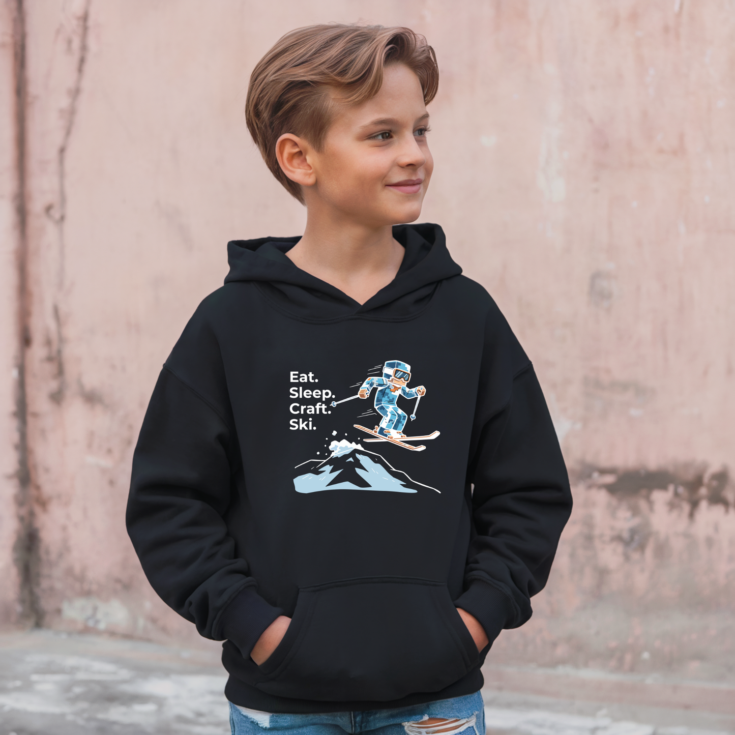 Ski Hoodie Kinder | Eat. Sleep. Craft. Repeat. | Gamer Pullover Pixel Art